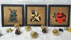 Yılbaşı Kedi Figürlü 3'lü Ahşap Tablo